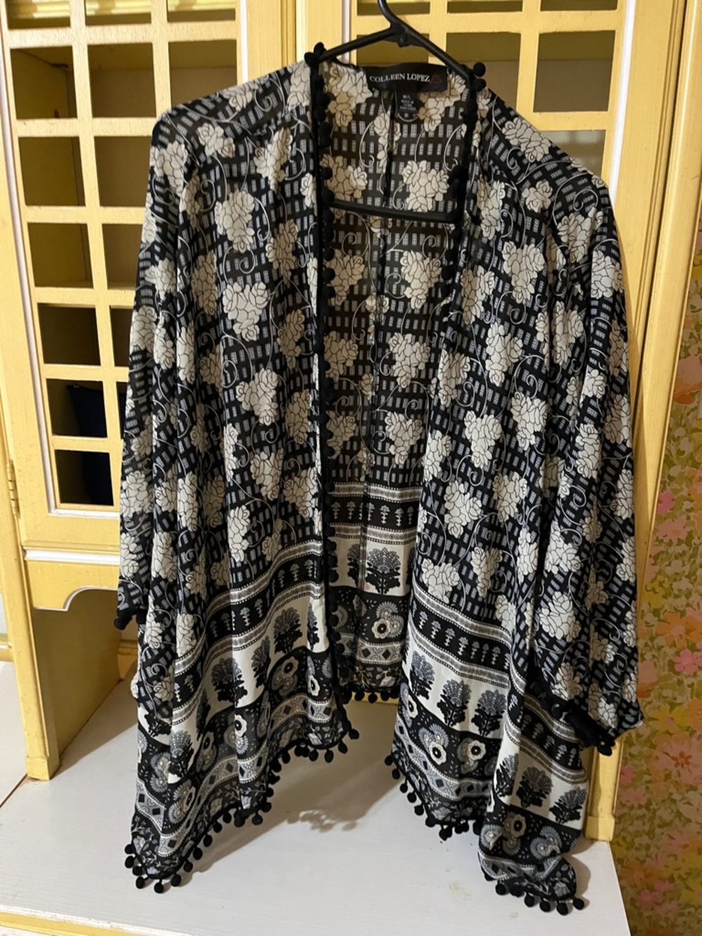 Colleen Lopez Black and White Floral Pom-Trim Open Wrap